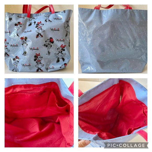 Disney Parks Minnie Mouse Large Vinyl Tote Bag Shopper Purse Blue Polka Dots Red - Picture 11 of 11